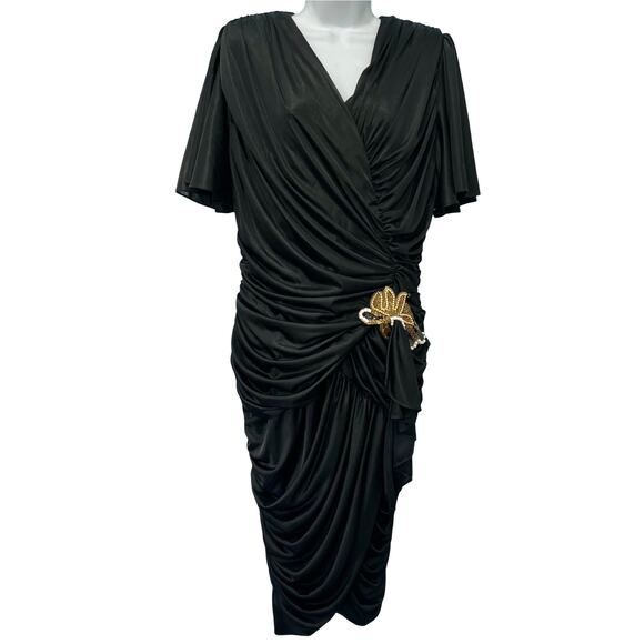 Vintage 80s Black Gold Satin Draped V-Neck Wrap Flutter Sleeve Dress sz 11/12 - Picture 1 of 10
